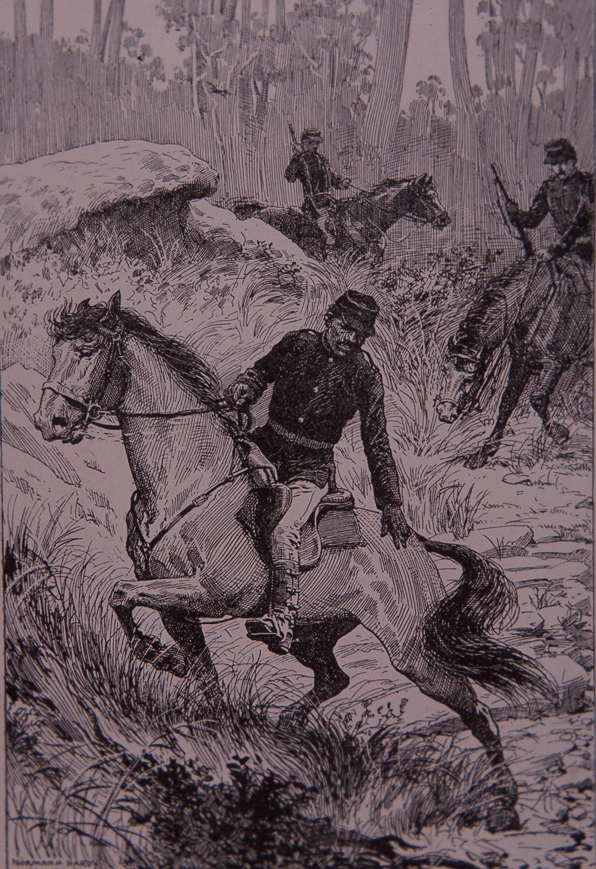 Black Trackers Pursuing Bushrangers in Australia (Engraving)