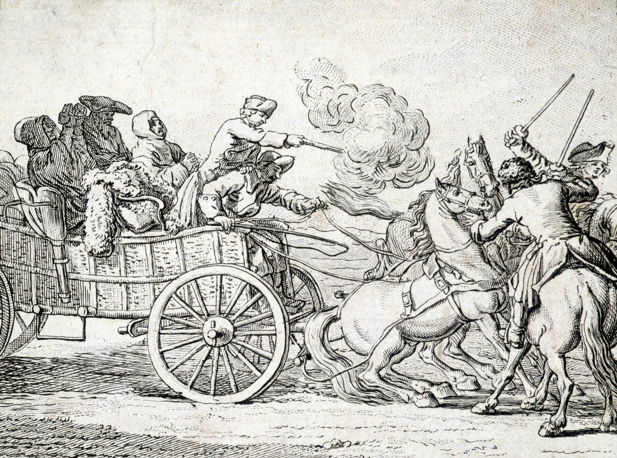 Brigands attacking passengers on a cart. Engraving by an 18th century anonymous. by Unknown artist