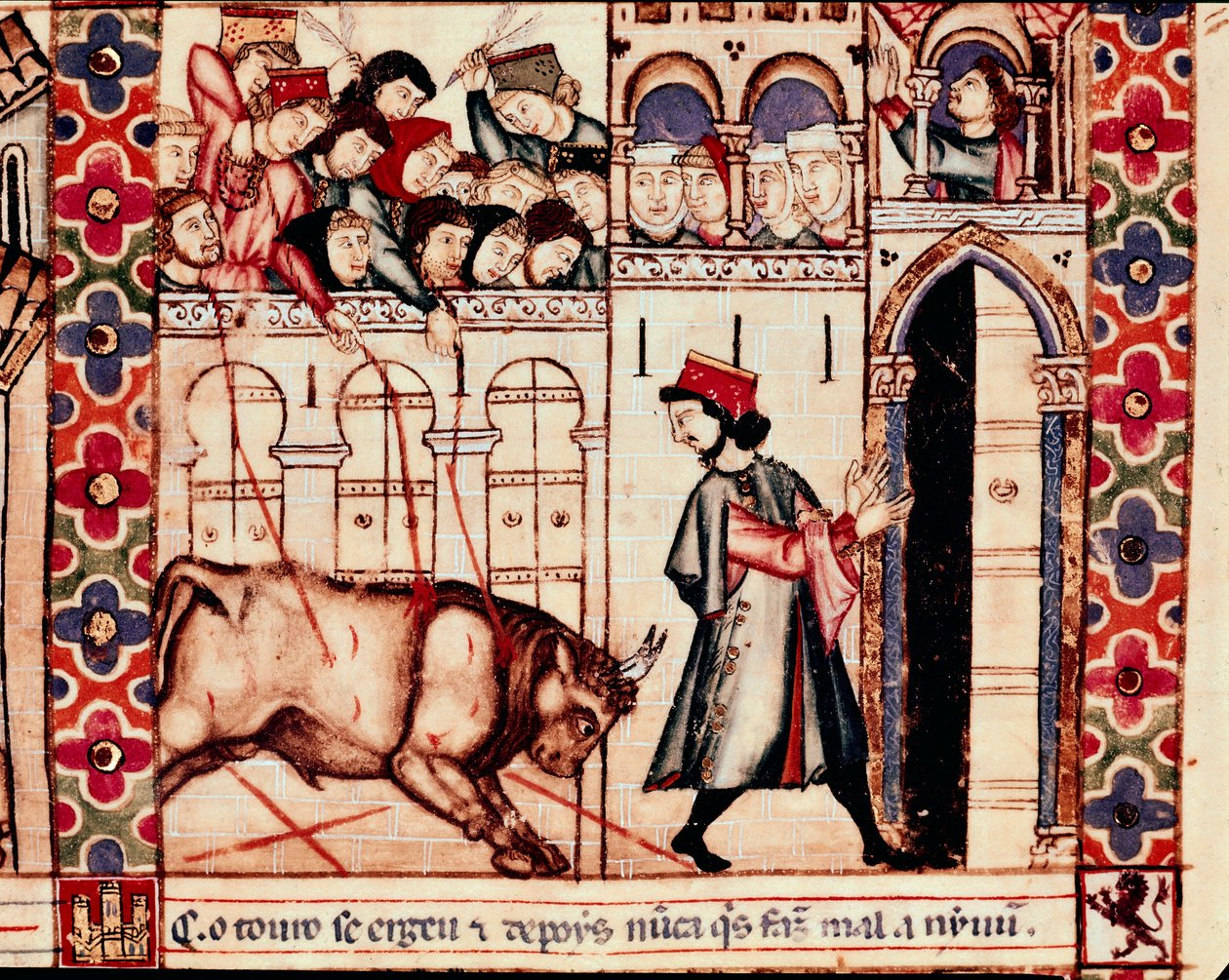 Bullfighting: the bull kills in the arena during the traditional feasts of Plasencia in Spain, Chant 144. Miniature from the hymn of Saint Mary by Unknown artist