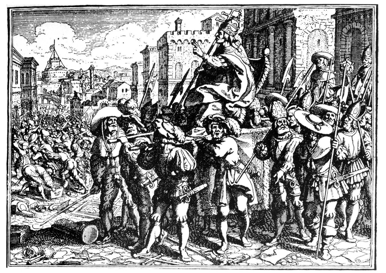 Cartoon about Pope Innocent I during the Invasion and Looting of Rome by Alaric I, King of the Visigoths, in 410 (Sack of Rome). Engraving in The Chronicle of Goffredo by Unknown artist