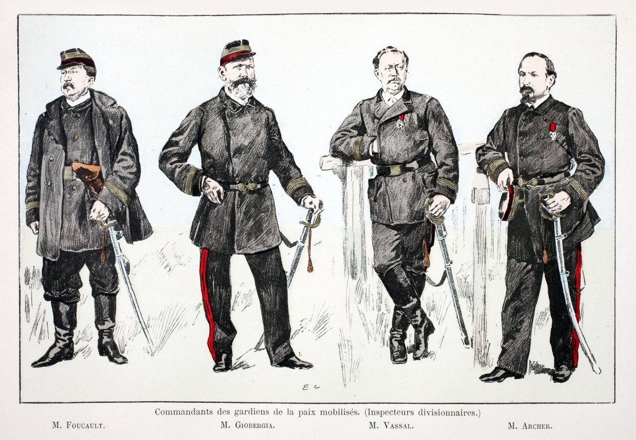 Commanders of the mobilized peacekeepers (divisional inspectors), from left to right: Mr.Foucault, Mr.Giobergia, Mr.Vassal, Mr.Archer. Eau forte en couleurs, for illustration 