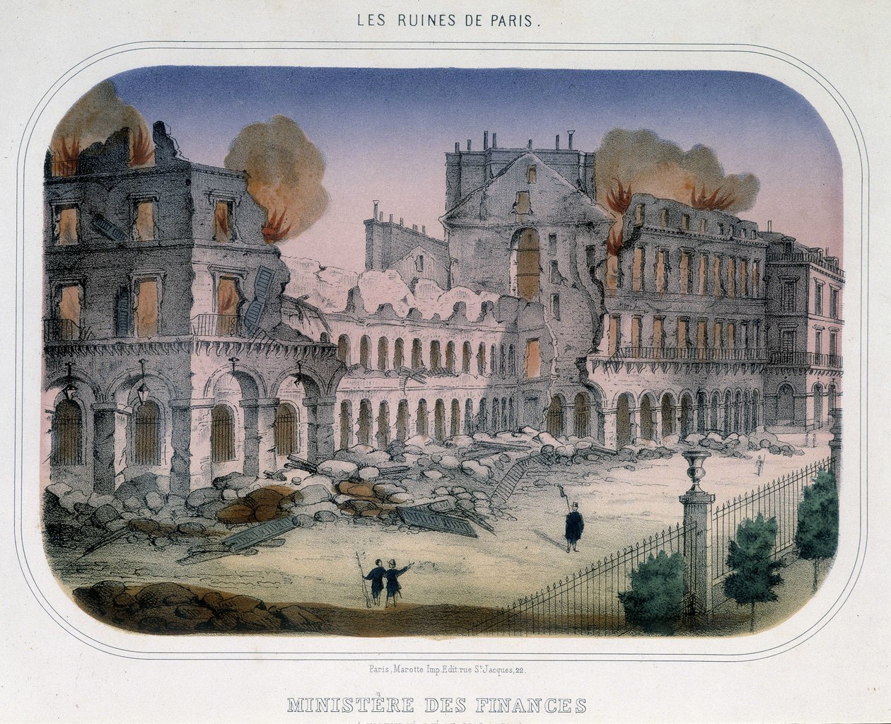 Commune of Paris: Fire at the Ministry of Finance (at the time of the Tuileries) on 24 May 1871. Engraving of the 19th century by Unknown artist