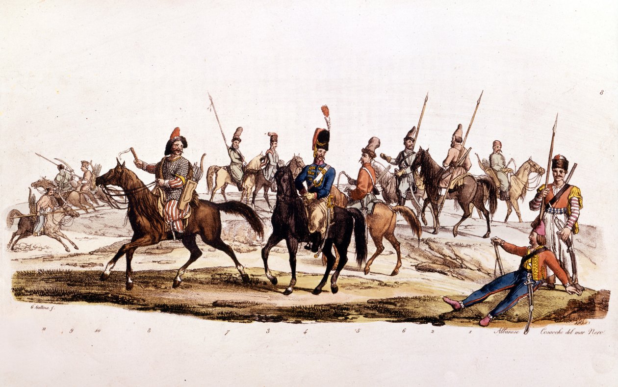 Cossacks: 1st 2nd Cossacks 3rd Cossack of Don 4th Official Cossacks of Don 5th Cossack Chernomowskij 6th Cossack of Ural 7th Regular Cossack 8th Bashkir 9th and 10th Kalmouk by Unknown artist