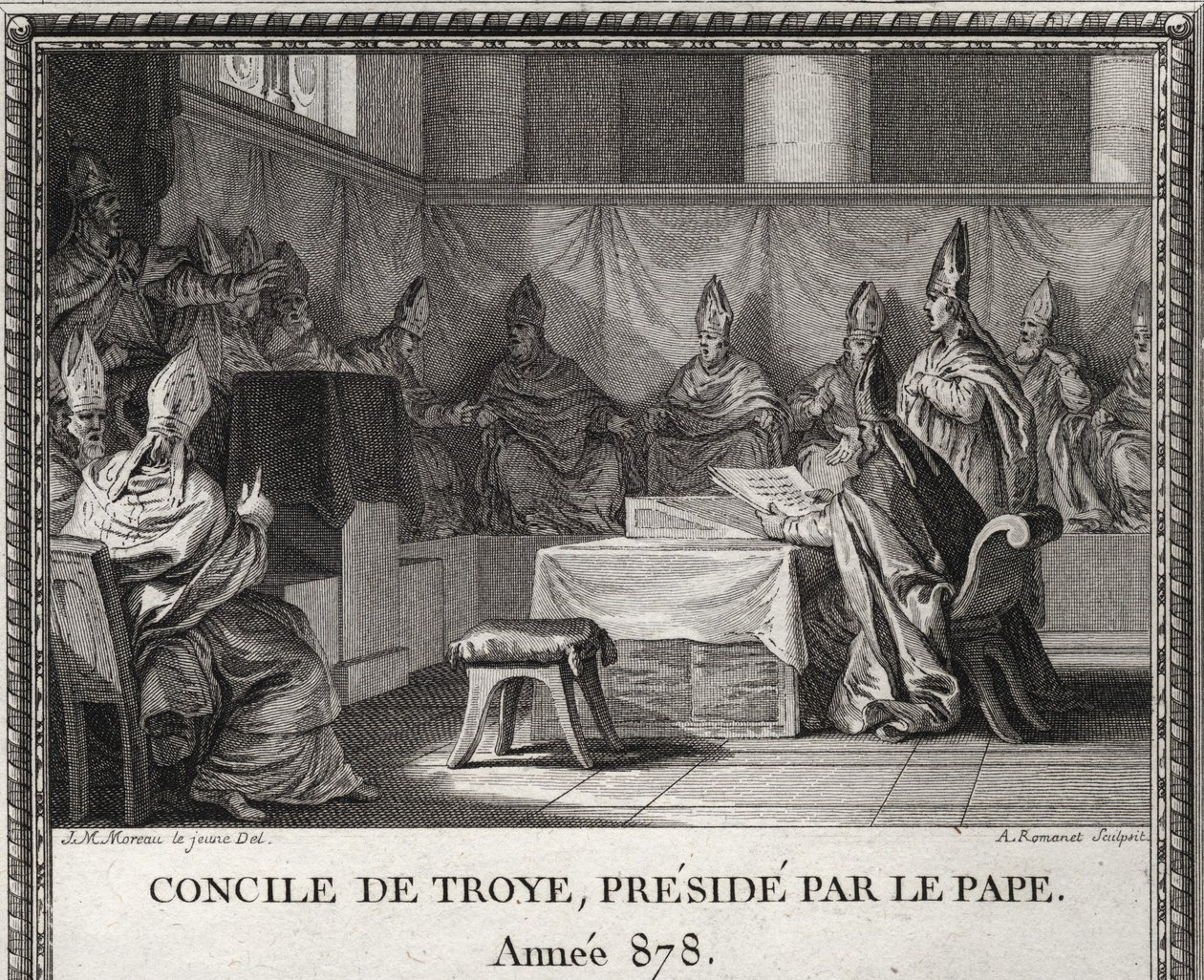 Council of Troyes on 7 September 878. In May 878, Pope John VIII threatened by Saracens and Italian nobles, came to take refuge in Arles under Duke Boson and his wife Ermengarde. He accompanies him in Troyes where a grand council is organized. by Unknown artist