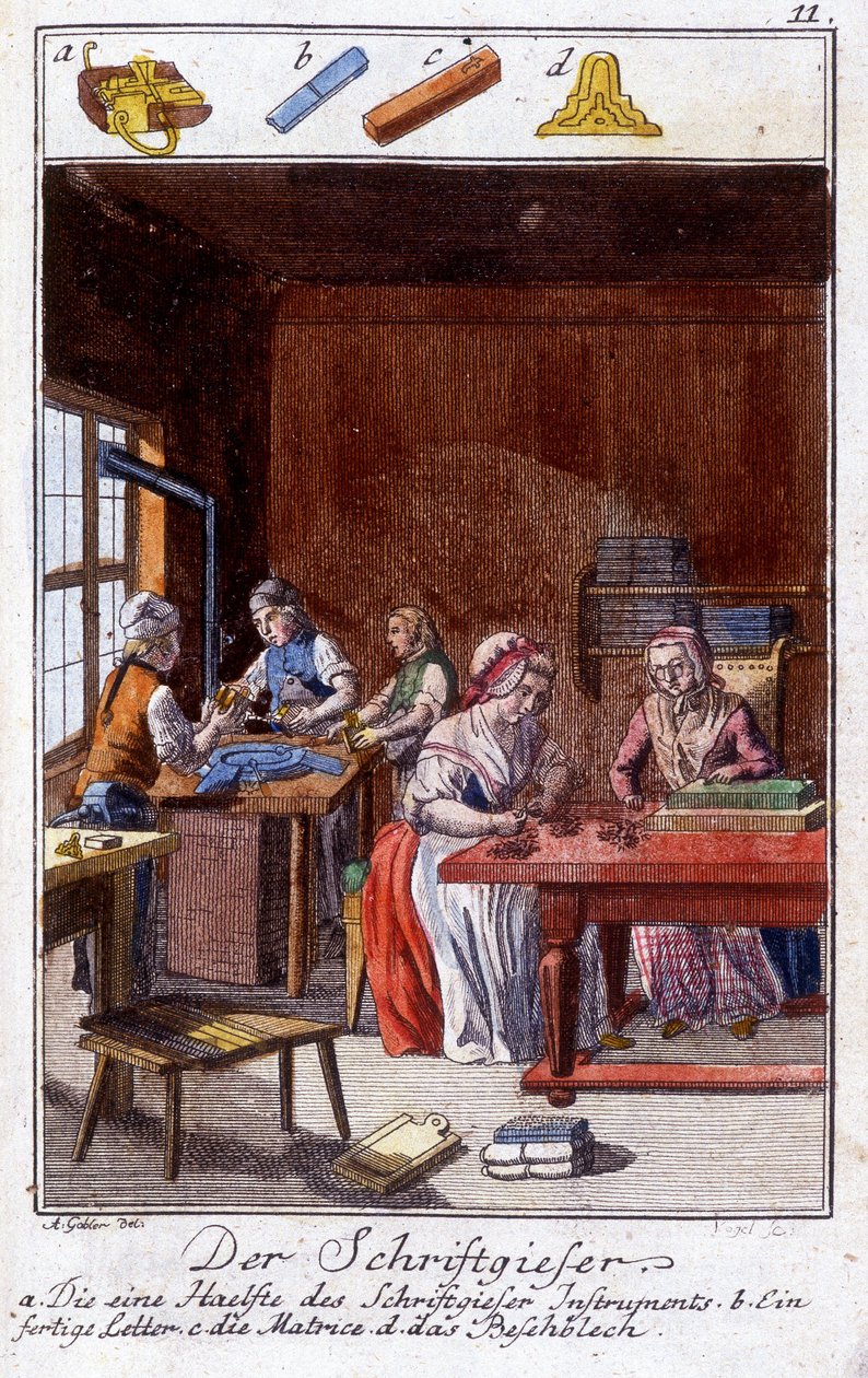 Handwerk: der Schreibmaschinenhersteller in seiner Werkstatt. In „Umfassende Beschreibung der Künste und Handwerke und Werkstätten für junge Leute“ von Johan Peter Vue. Ed. Nürnberg, Weigel und Schneider von Unknown artist