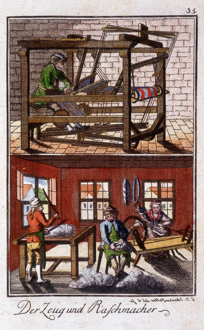 Craft craft: the weaver in his workshop. In “Comprehensive description of arts and crafts and workshops for young people” by Johan Peter Vue. Ed. Nuremberg, Weigel and Schneider by Unknown artist