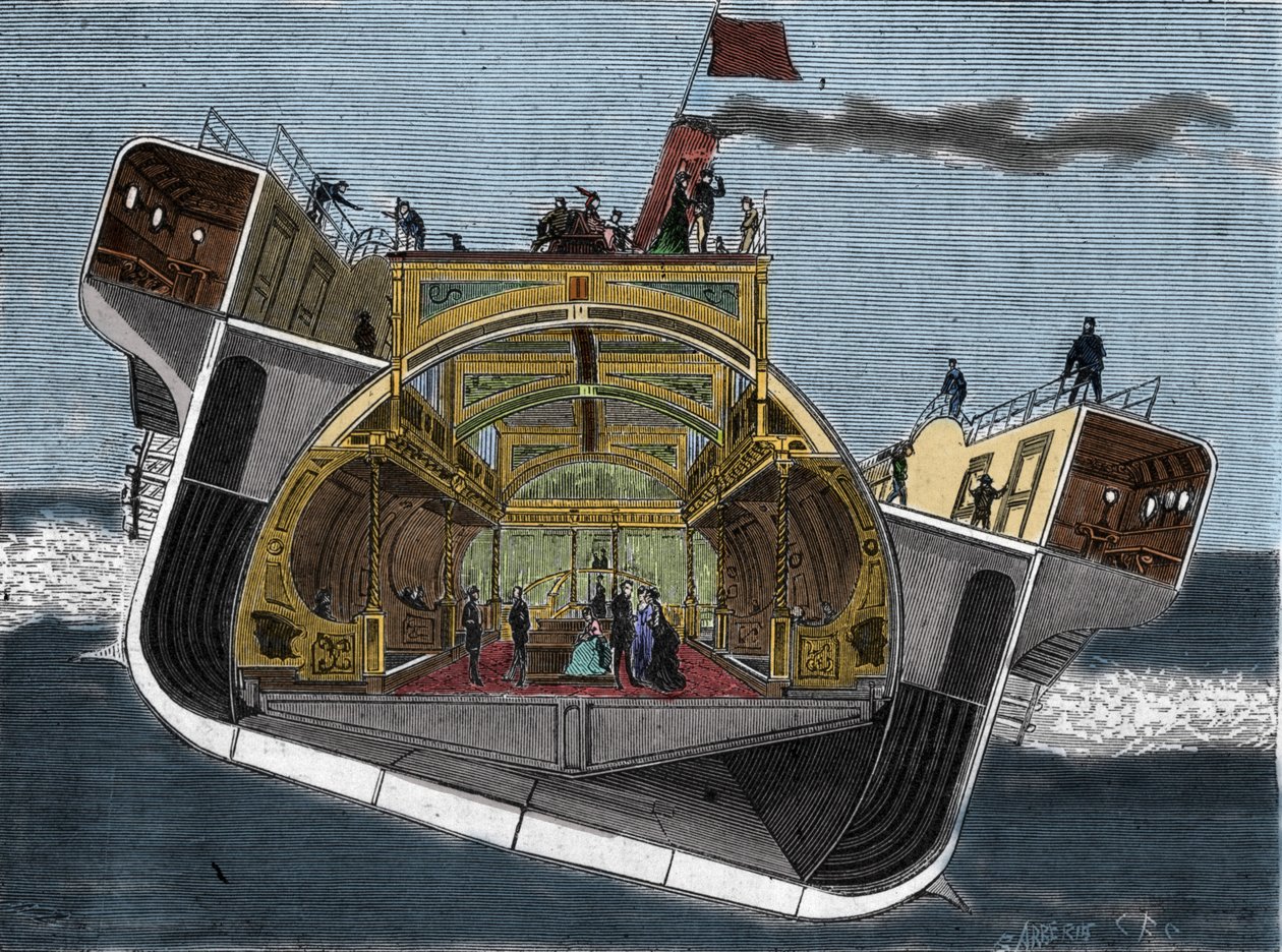 Cross section of a boat designed against seasickness by Henry Bessemer (1813-1898). Engraving 19th century. by Unknown artist