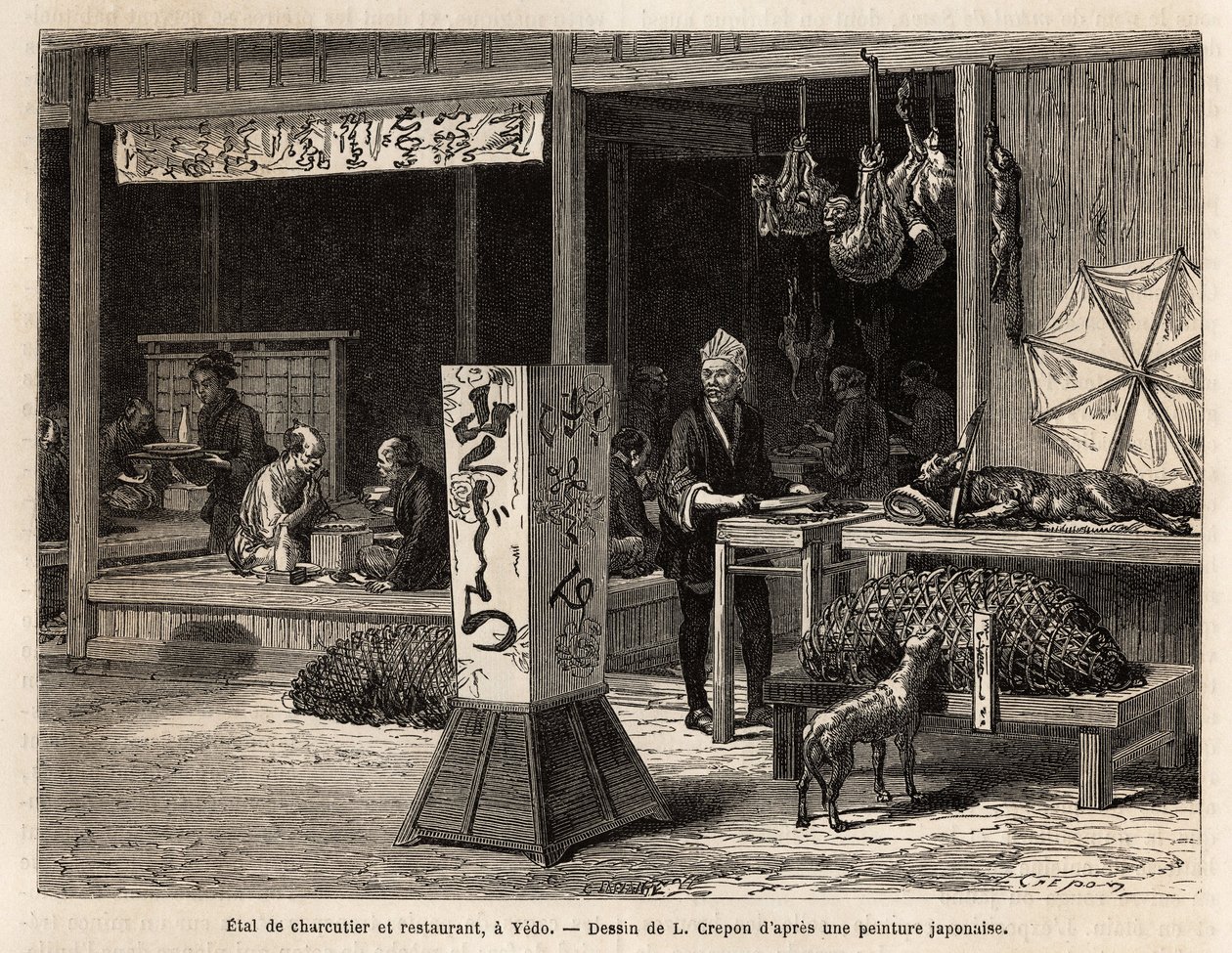 Customers eat sitting on the stage of a restaurant and the neighbour of a butcher present to passers-by, under a big bamboo mesh bell a boar, hanging, its finest pieces of game, such as the squirrel, the hare or the monkey, whose climbing faces become the by Unknown artist