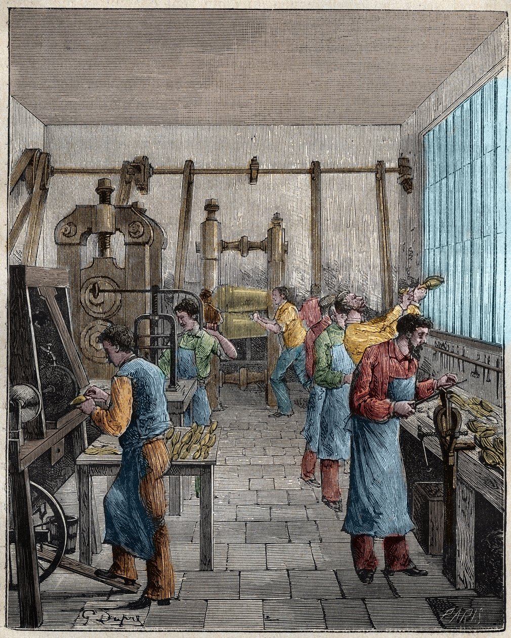 Cutlery manufacturing workshop in France in the 19th century. Engraving from 1885 in 