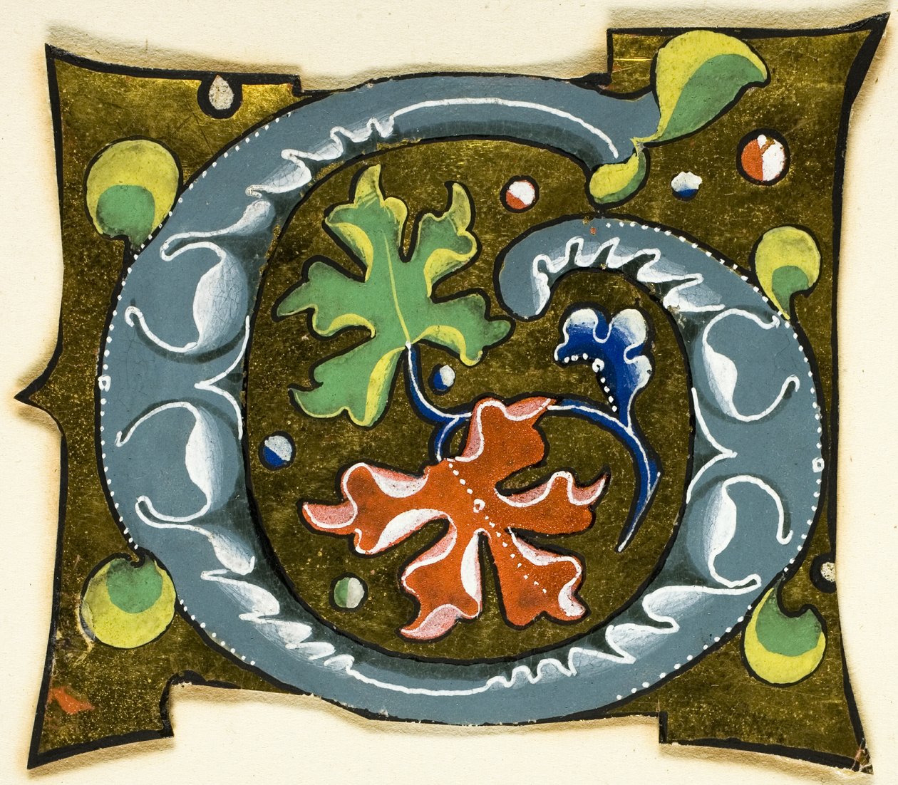 Decorated Initial "G" in Grey with Red, Green and Blue Leaves from a Manuscript by Unknown artist
