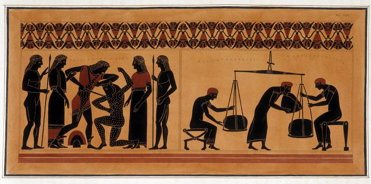 Defeat of the Minotaur by Theseus - Paintings of Ancient Vases, Commonly Referred to as Etruscan, Drawn from Various Collections and Engraved by A. Clener, Accompanied by Explanations by A.L. Millen. By Dubois-Maisonneuve. Library of Maisons Alfort, Veteri by Unknown artist