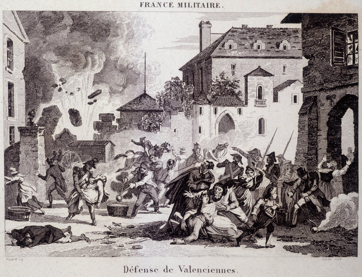 Defense of Valenciennes (by the Republicans against the British and Austrians in 1794). Engraving of the 19th century by Unknown artist