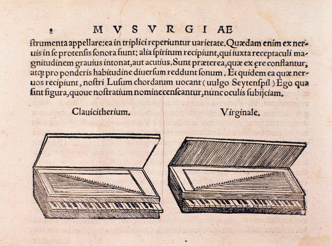 Description of Harpsichord and spinet. Page from Musurgia seu praxis musicae by Unknown artist