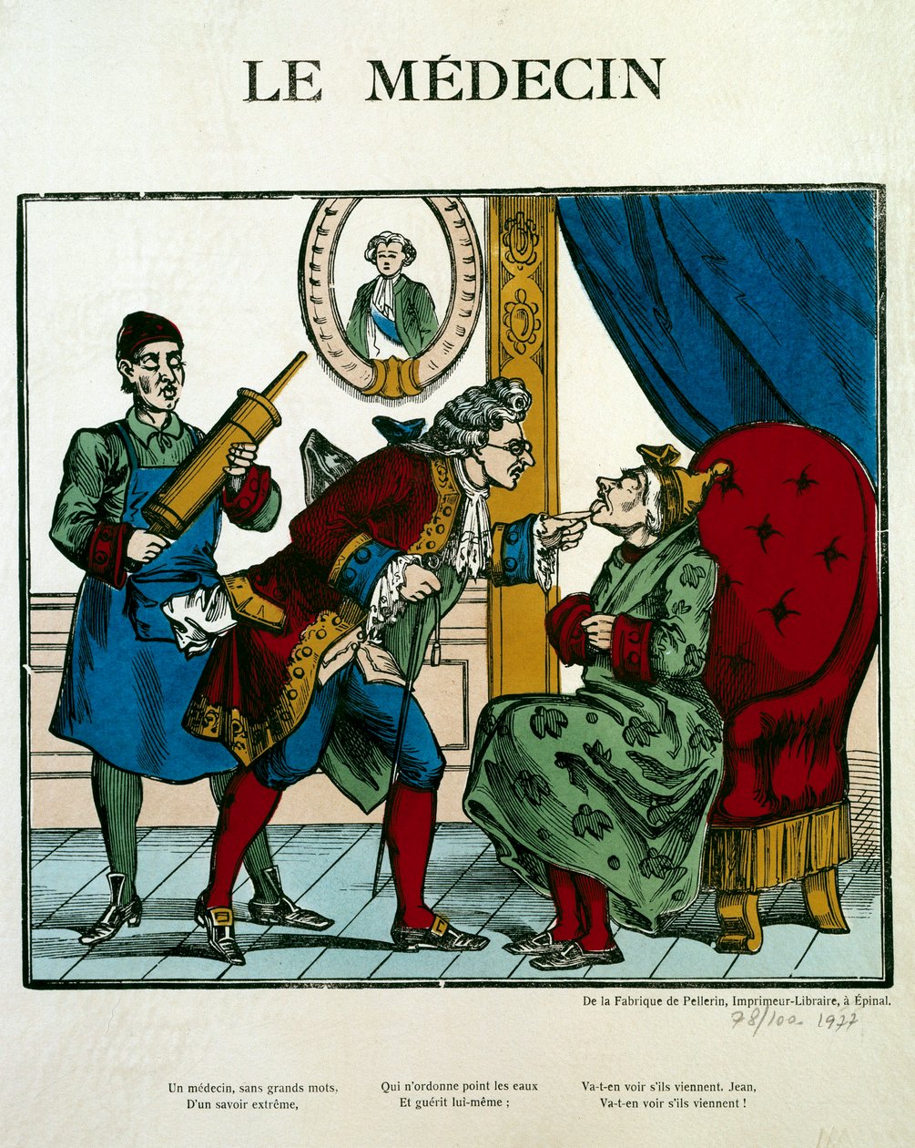 Doctor Scene representing a doctor examining a patient, his assistant behind him holds a clyster. Engraving of the 19th century. Paris, B.N. by Unknown artist