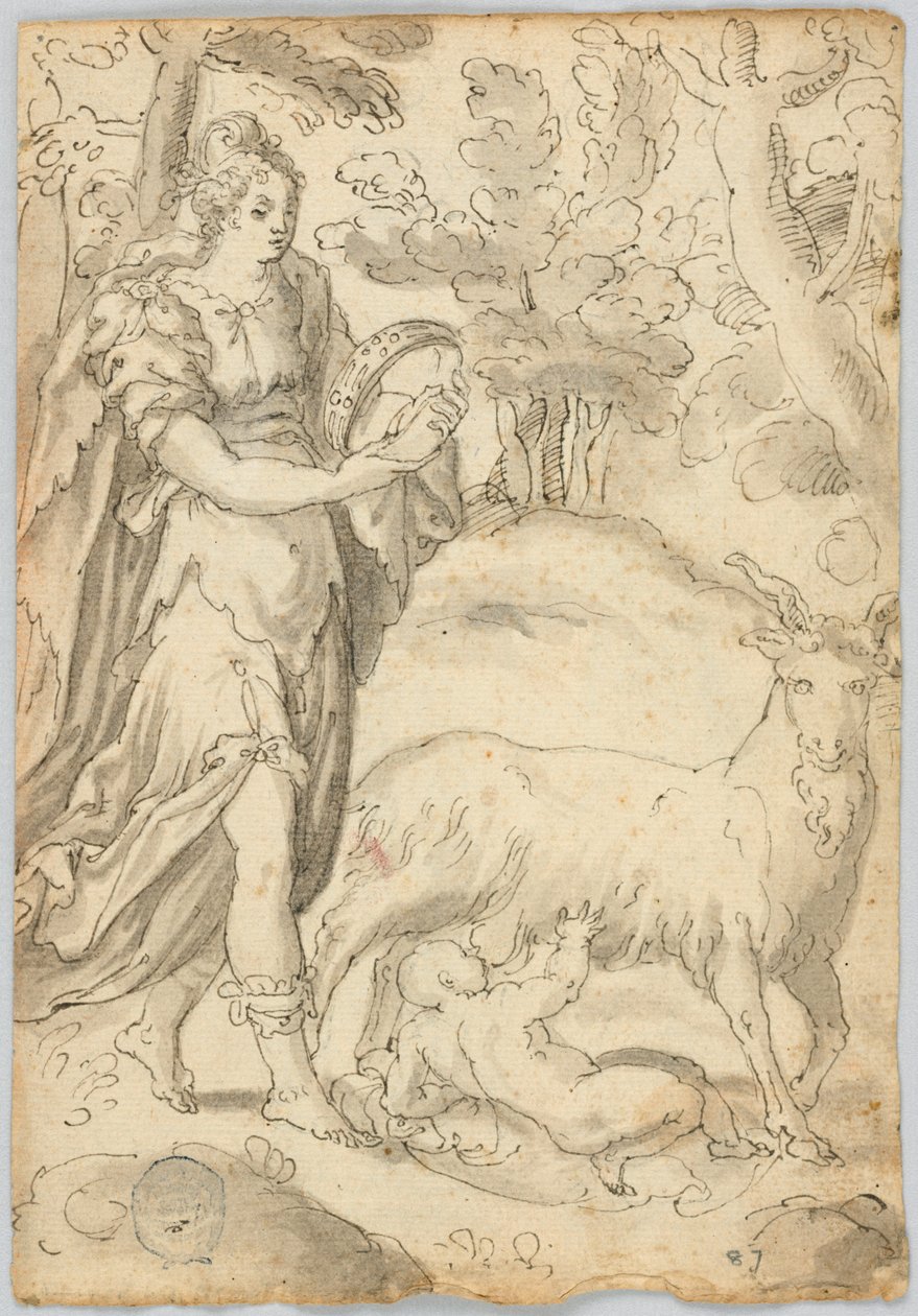 Drawing: A) Rhea and the Infant Jupiter. B) St. Francis of Assisi by Unknown artist