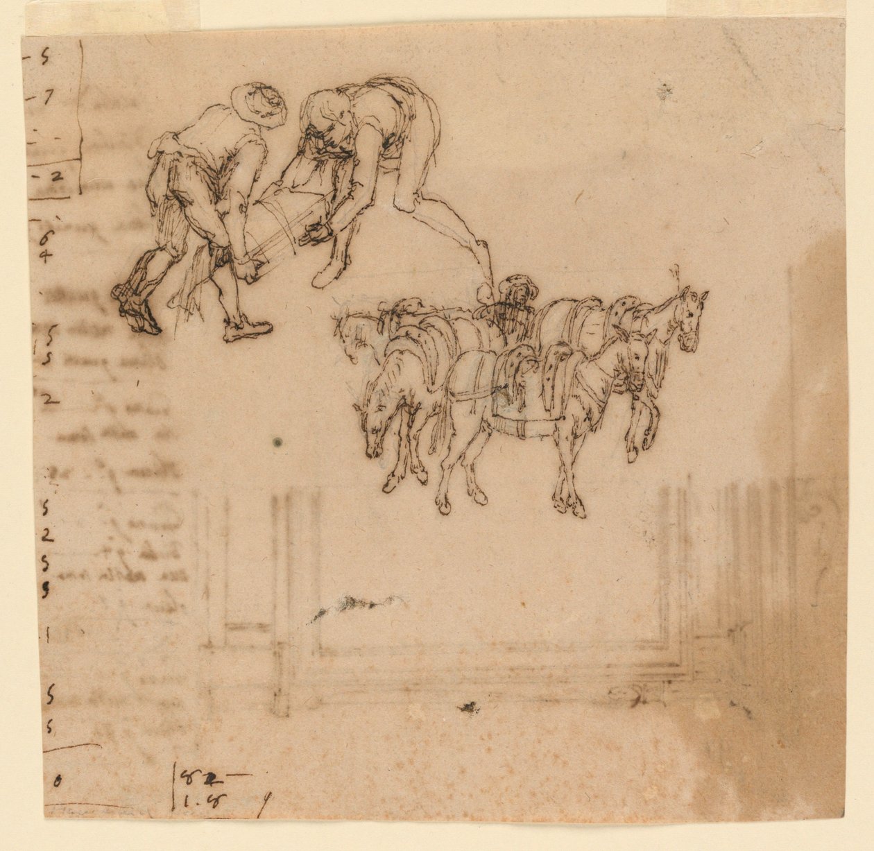 Drawing: Two men carrying a trunk; four mules with a driver. Project for a frame by Unknown artist