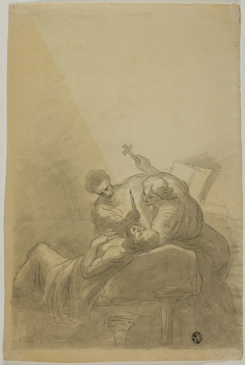 Dying Man Attended By Two Figures Holding Candle, Book and Cross by Unknown artist