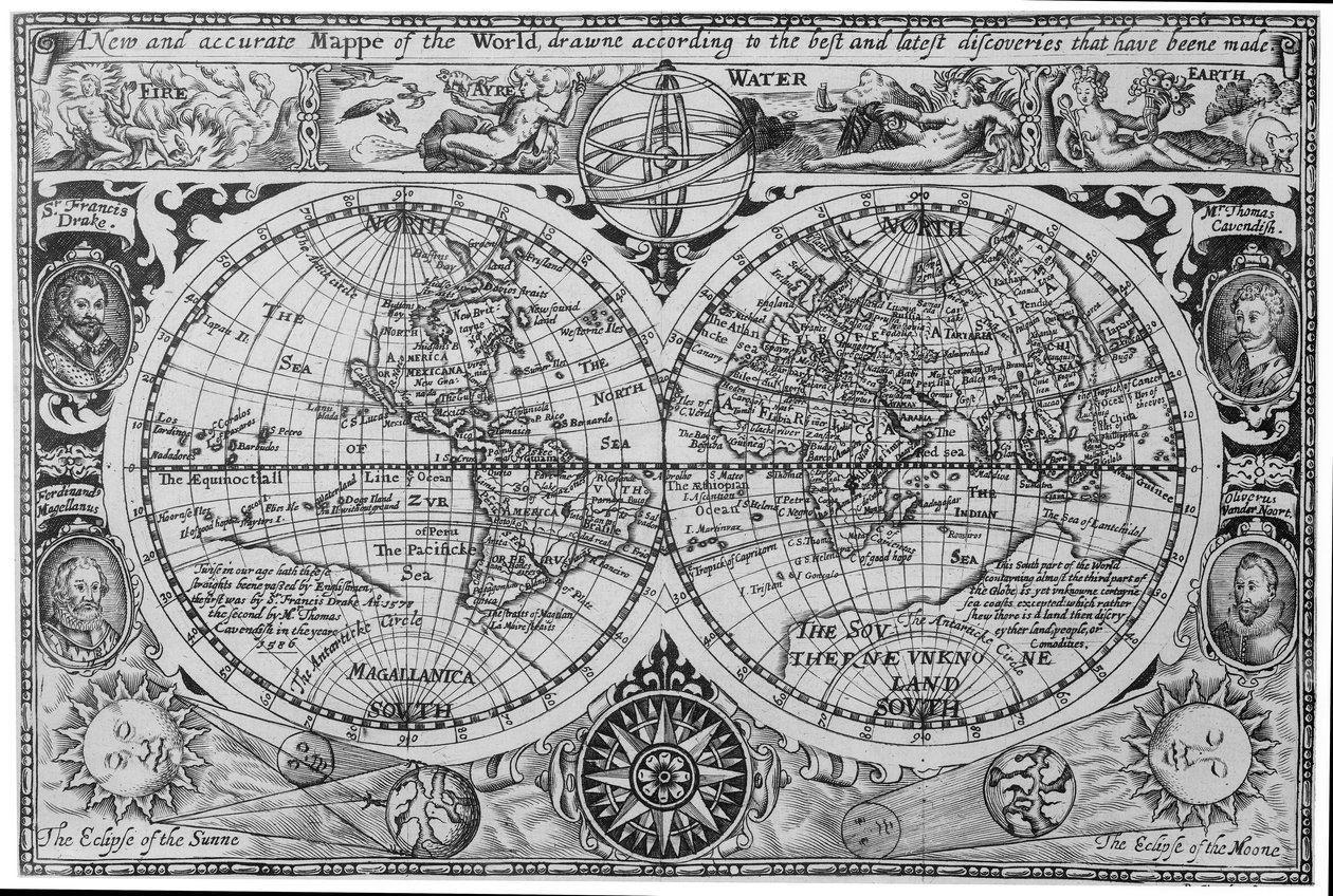 Early 17th Century Map of the World, After Mercator, with Inset Portraits of Explorers (Drake, Magellan, Thomas Cavendish and Oliver van der Nort), the Elements, and Eclipses by Unknown artist