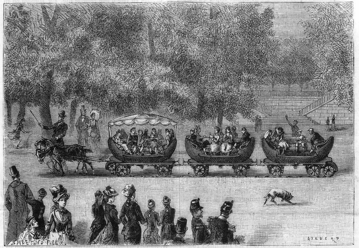 Endless rails adapted to a train of cars pulled by goats in the Tuileries Garden in Paris. Engraving in 