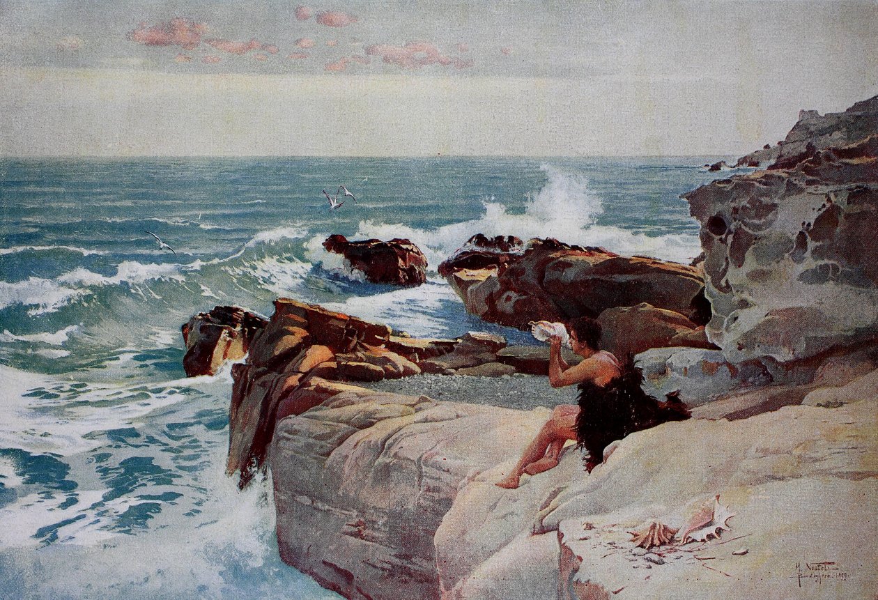 Evening by the Sea, Young Man with a Large Shell Sitting on the Shore by Unknown artist
