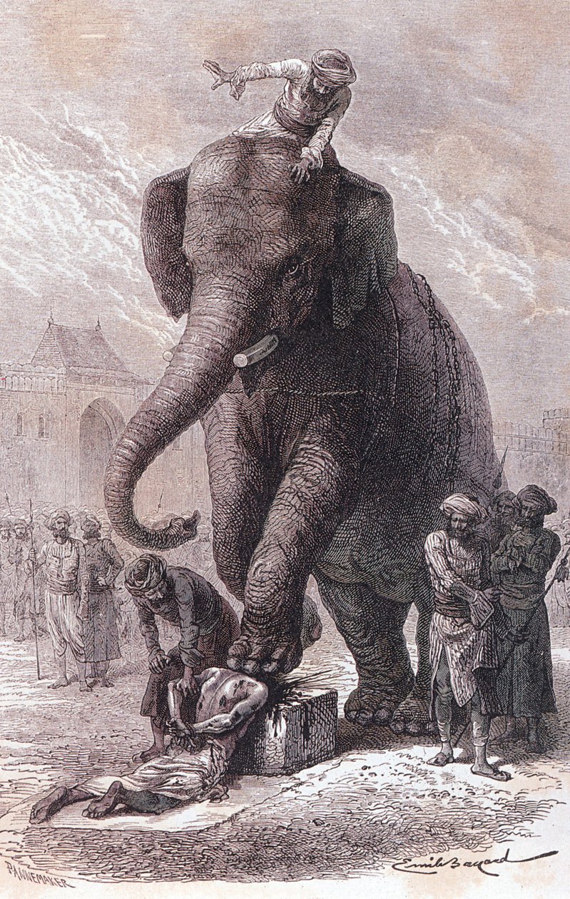 Execution in India: Criminals are Executed: Their Heads are Crushed by an Elephant Led by His Karnac, Engraving 1875 by Unknown artist