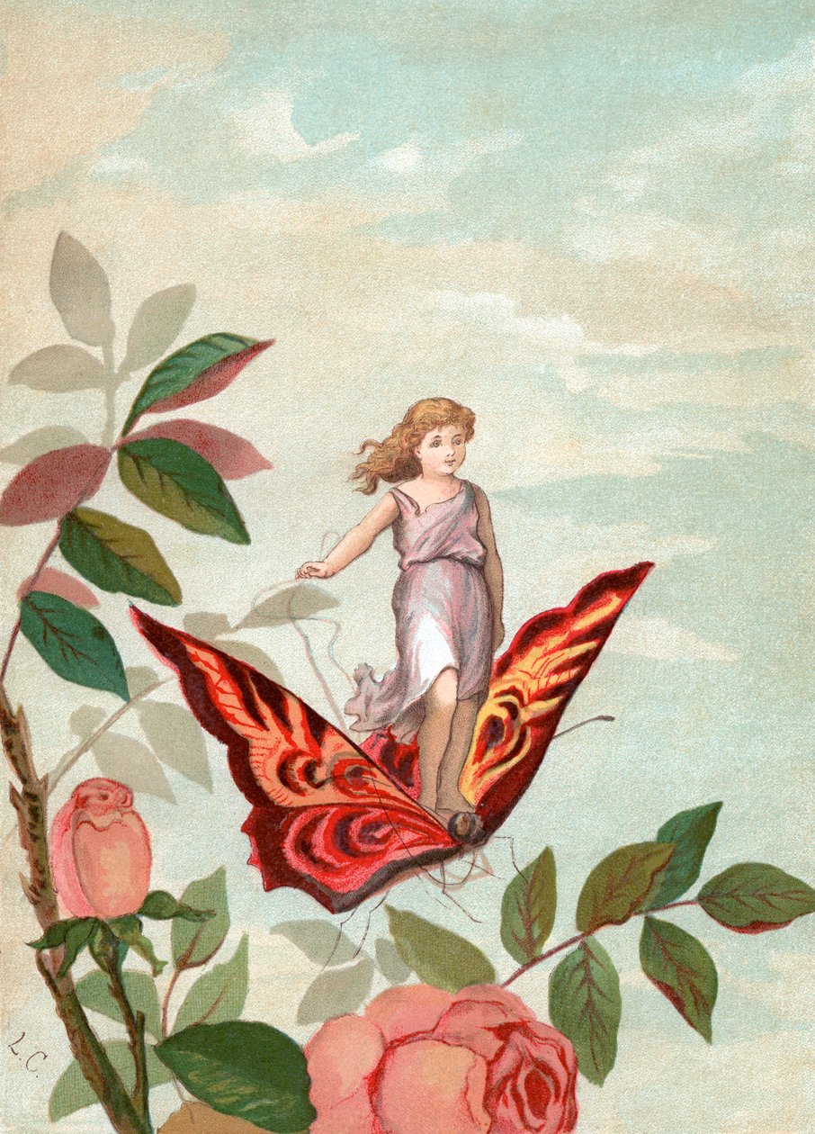 Fairy Riding a Butterfly Among Roses by Unknown artist