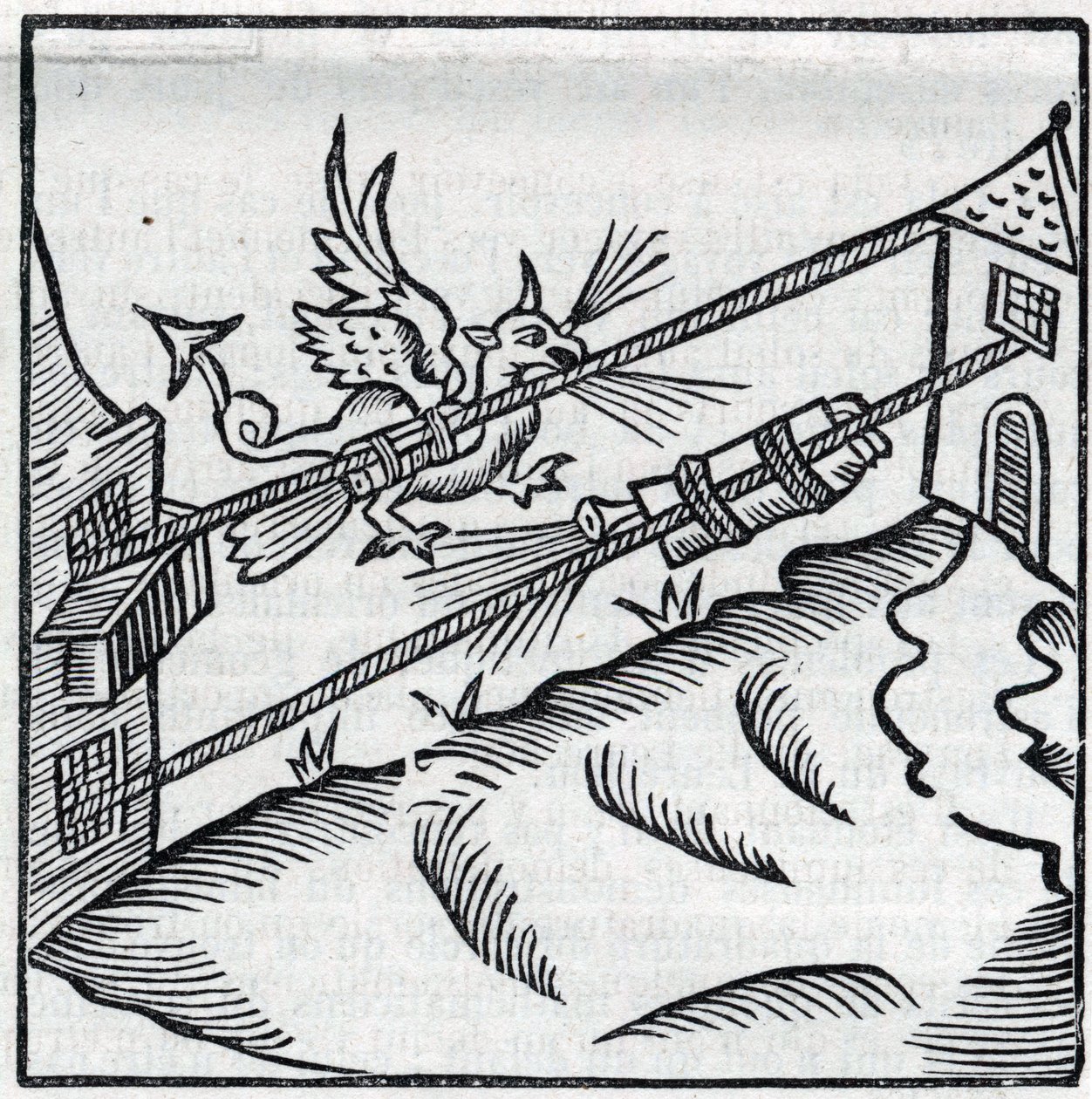Fireworks and fireworks: Fusees sliding on strings. Reproduction of the engravings of the work of the French Jesuit Jean Leurechon 