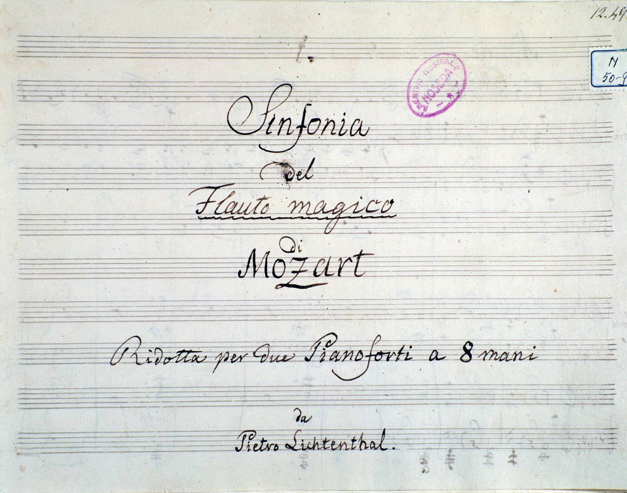 First page of the symphony score reduced to two pianos and eight hands of Die Zauberflote, opera by Mozart, Lichtenthal version by Unknown artist