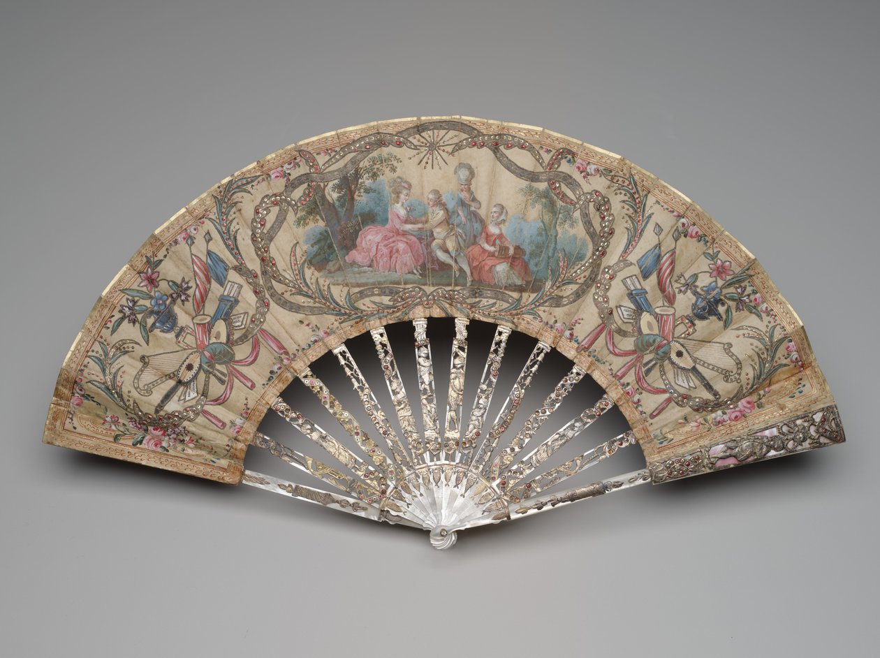 Folding fan with a courting scene and musical trophies, c.1770s-80s