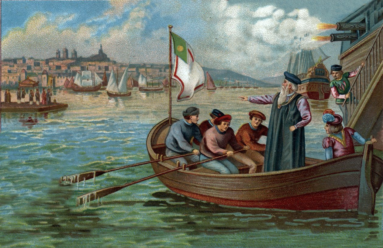 Ehemalige Einkaufszentren: Rückkehr von Vasco da Gama (1469-1524), portugiesischer Seefahrer, nach Porto, Portugal. Chromolithographie aus dem späten 19. Jahrhundert. von Unknown artist
