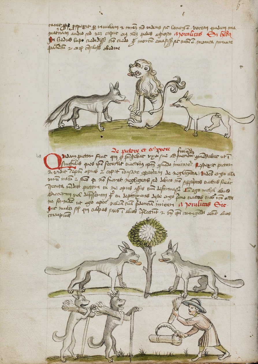 Fox and Wolf before a Lion; Two Wolves under a Tree Dragging Bales of Wheat; A Farmer Bundling Sheaves of Wheat by Unknown artist