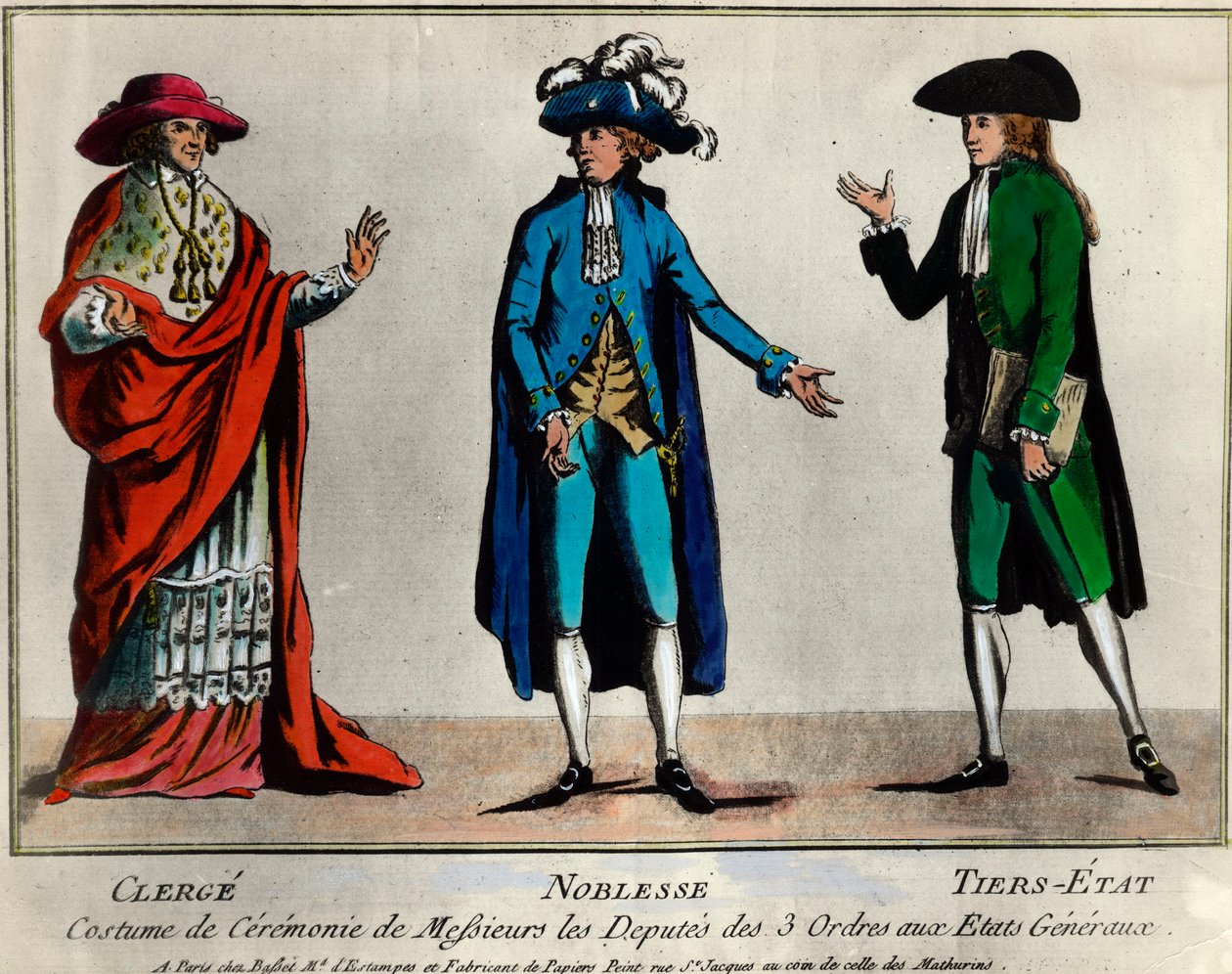 French Revolution: representation of the deputies of the three orders in the States General in ceremonial costume: the clergy, the nobility and the third state. Print from the end of the 18th century. Private collection by Unknown artist