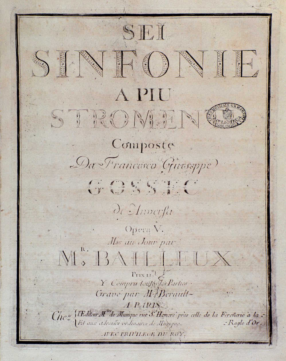 Frontispiece of the Score for Sei Sinfonie a Piu Strumenti Op. 5 (First Symphony) by Unknown artist