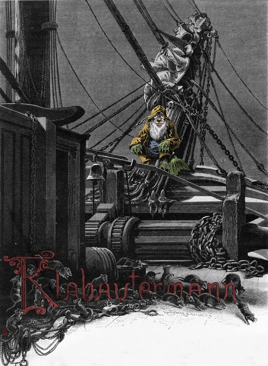 Germanic mythology: representation of a Klabautermann on the deck of a boat, an elf protector of ships at sea. Engraving of the 19th century by Unknown artist