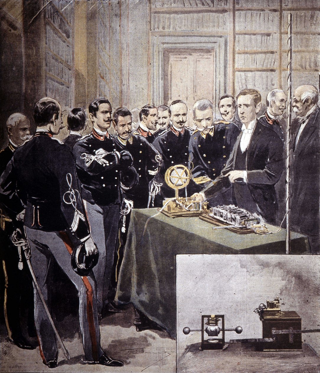 Guglielmo Marconi presented the wireless telegraph at a conference at the Ministry of the Navy in 1897. by Unknown artist