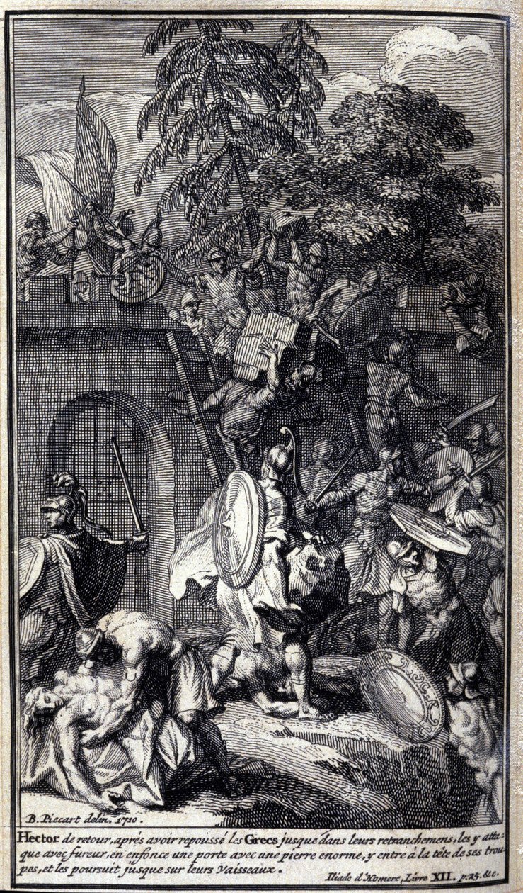 Hector, back after pushing the Greeks back to their entrenches, attacks them with fury, sinks a door with a huge stone, enters it at the head of his troops, and pursues them to their ships. Illustration of book XII of the Iliad of Homer, French edition by Unknown artist