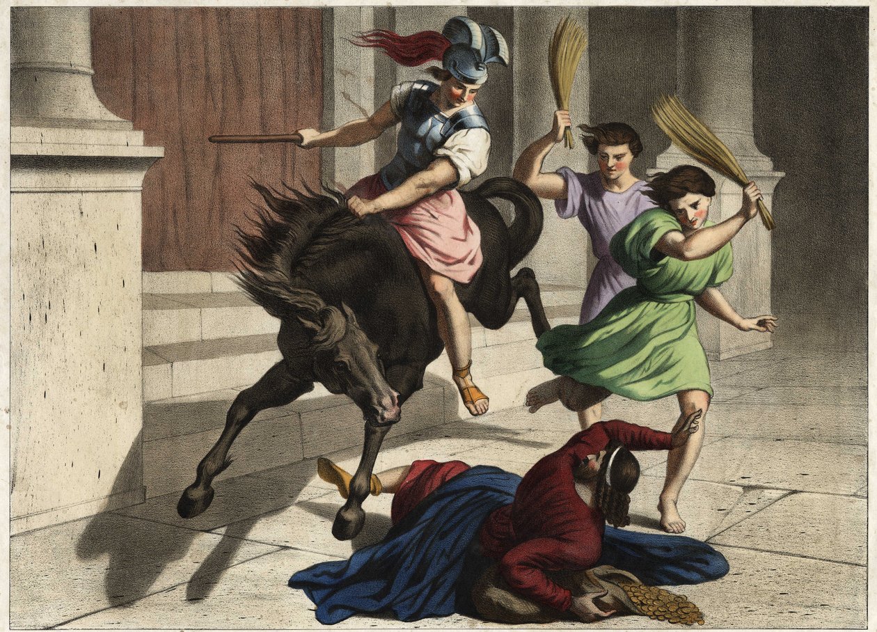 Heliodorus was driven out of the temple: on the orders of his ruler, he tried unsuccessfully to seize the treasures of the temple of Jerusalem. Anonymous engraving from the mid-19th century. by Unknown artist