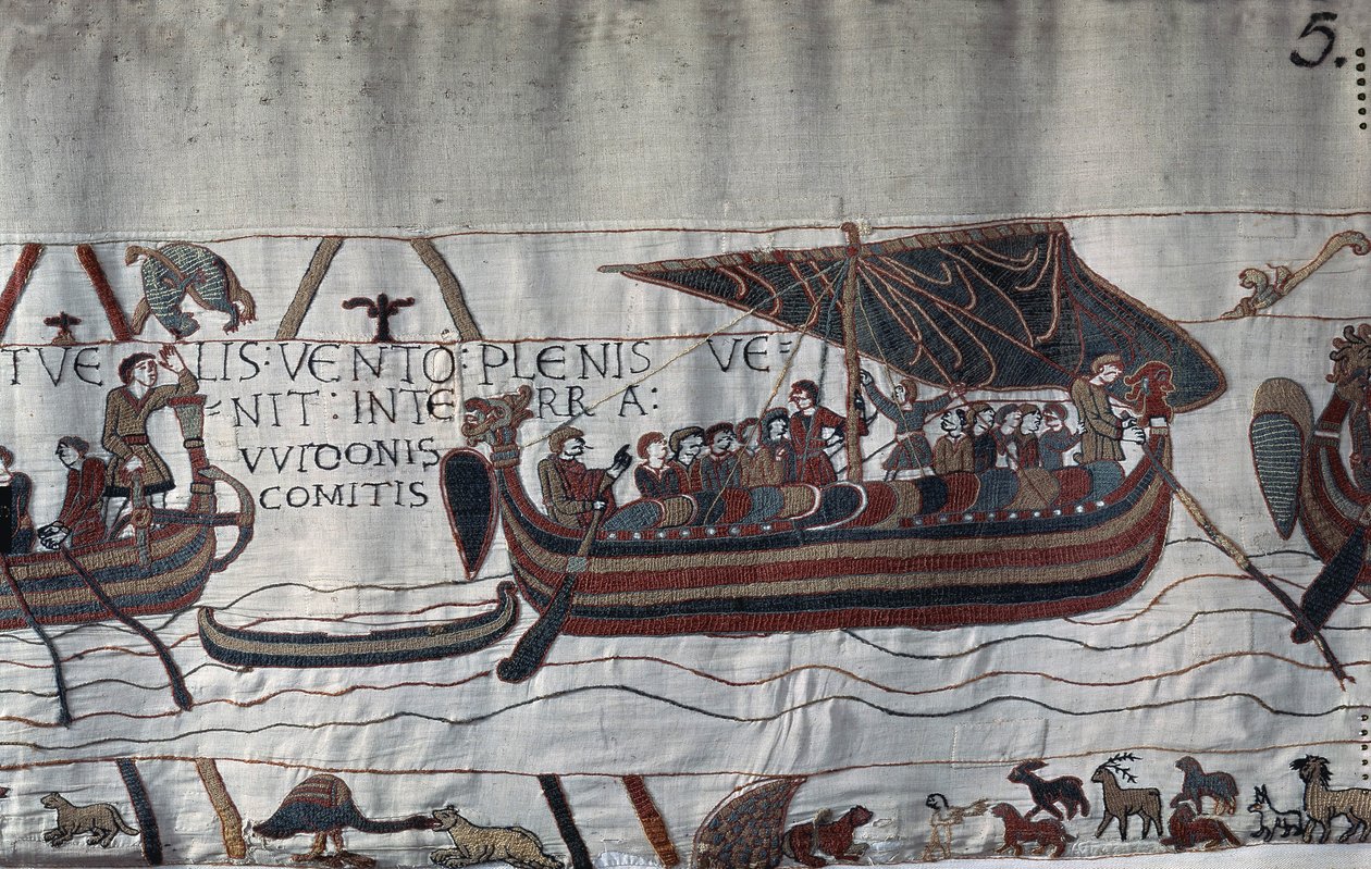 Hijacked by the storm, the ship of Harold II (1022-1066) stranded on the coast of Ponthieu - Bayeux Tapestry, known as Embroidery of Queen Mathilde by Unknown artist