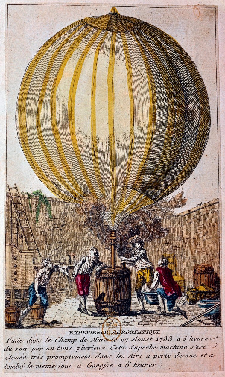 History of balloons: aerostatic experience carried out at the Champ de Mars in Paris on 27/08/1783: the balloon is filled with hydrogenic gas by Jacques Charles. Engraving of the 18th century. Paris, B.N. by Unknown artist