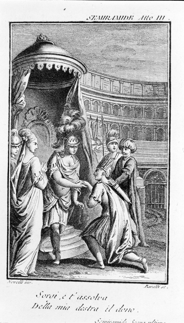 Illustration of Semiramis, opera by Antonio Salieri (1750 - 1825). Booklet by Pierre Metastase (or Pietro Metastasio). Act III, last scene. by Unknown artist