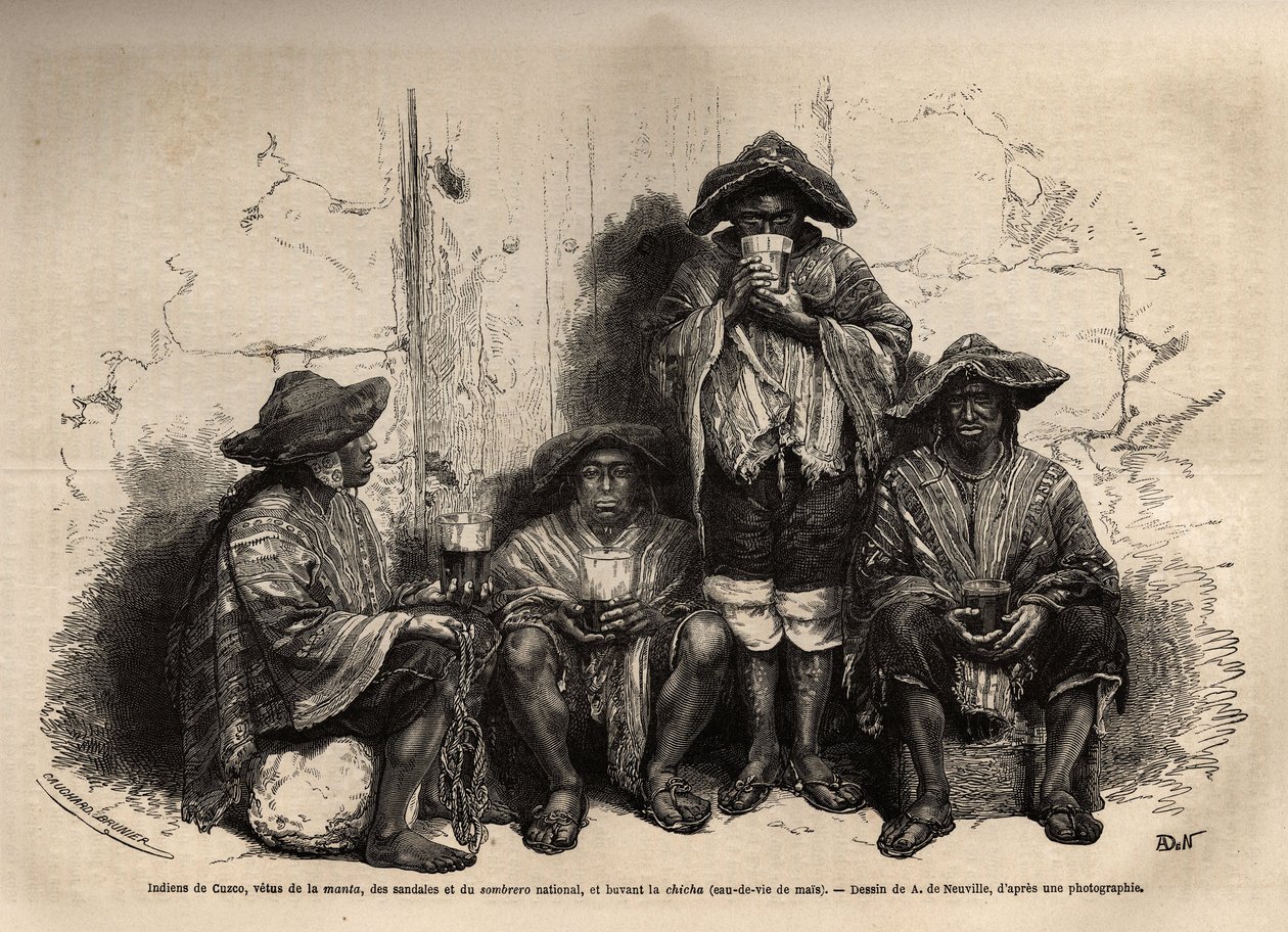 Indians of Cuzco (Peru), vetus of the manta, sandals and traditional sombrero, employed as labour for the exploitation of guano deposits in the Chincha Islands, drinking shisha, but fermented brandy. Engraving to illustrate Les iles Chincha, rect by L.Simo by Unknown artist