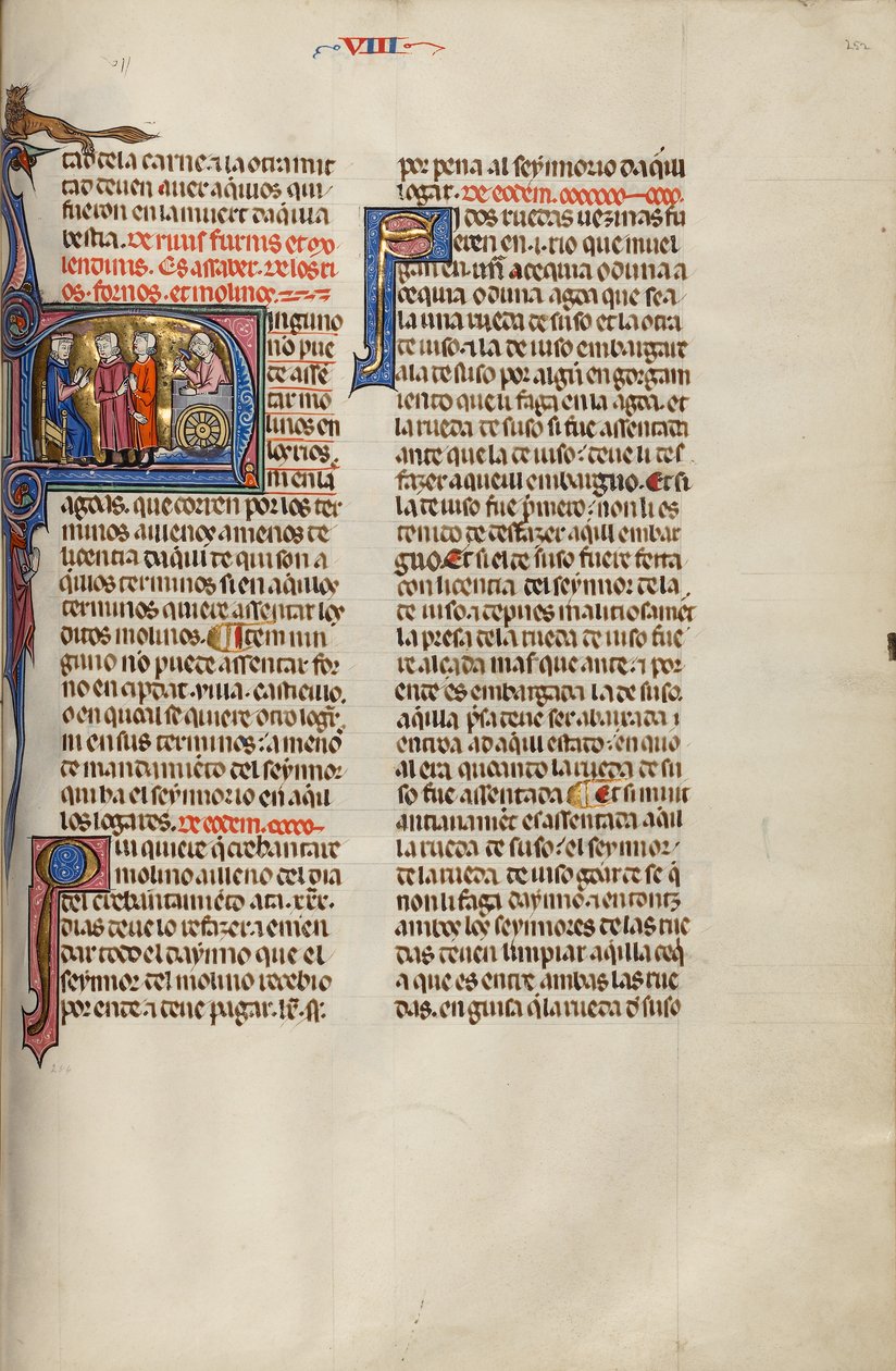 Initial N: Two Men before a Judge While a Third Man Builds a Mill by Unknown artist