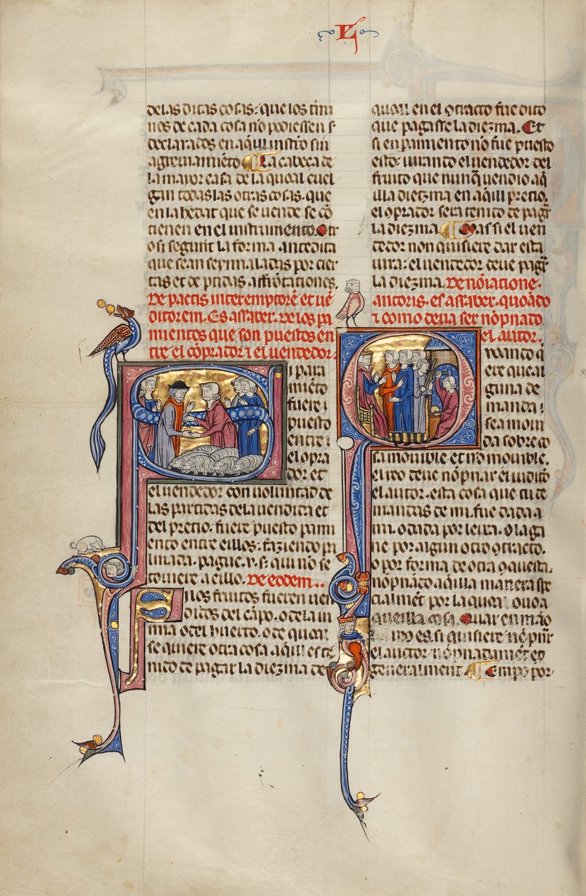 Initial S: Two Men Shaking Hands after a Sale of Sheep; Initial Q: Three Men before a Judge Pointing to a Man with a Club and a Man Working at an Anvil by Unknown artist