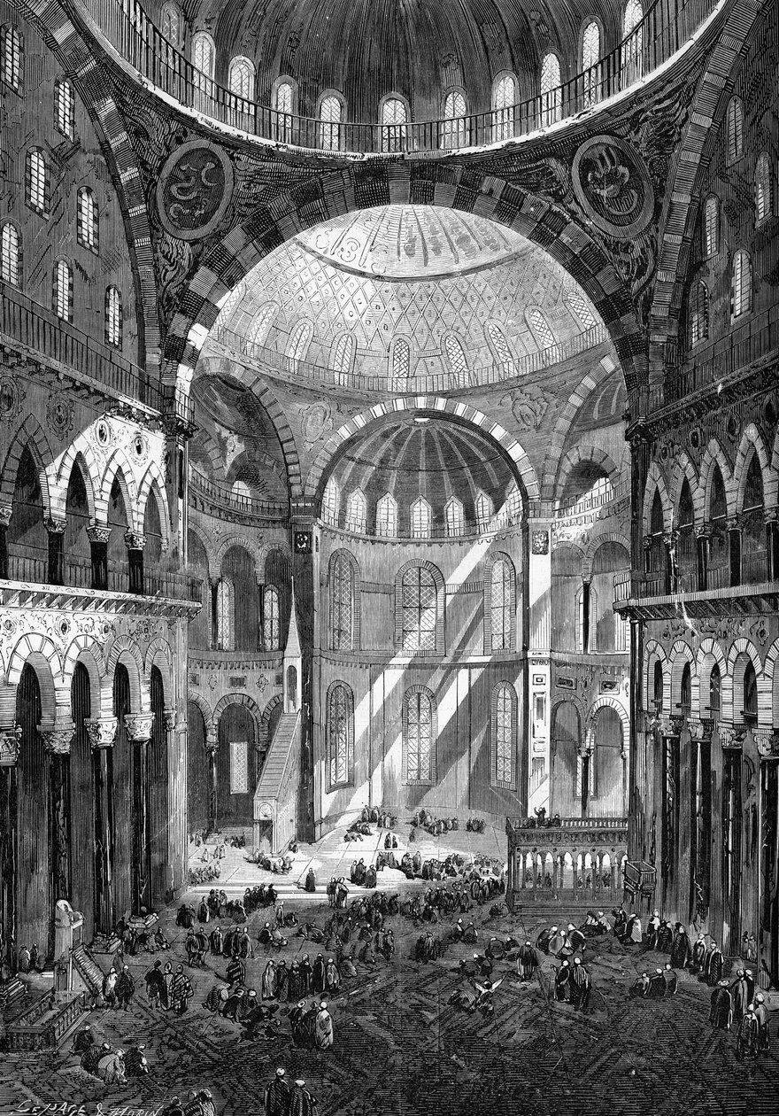 Internal view of the mosque of Saint Sophia (Hagia Sophia) (Byzantine art of the 6th century) in Constantinople in 1858. by Unknown artist