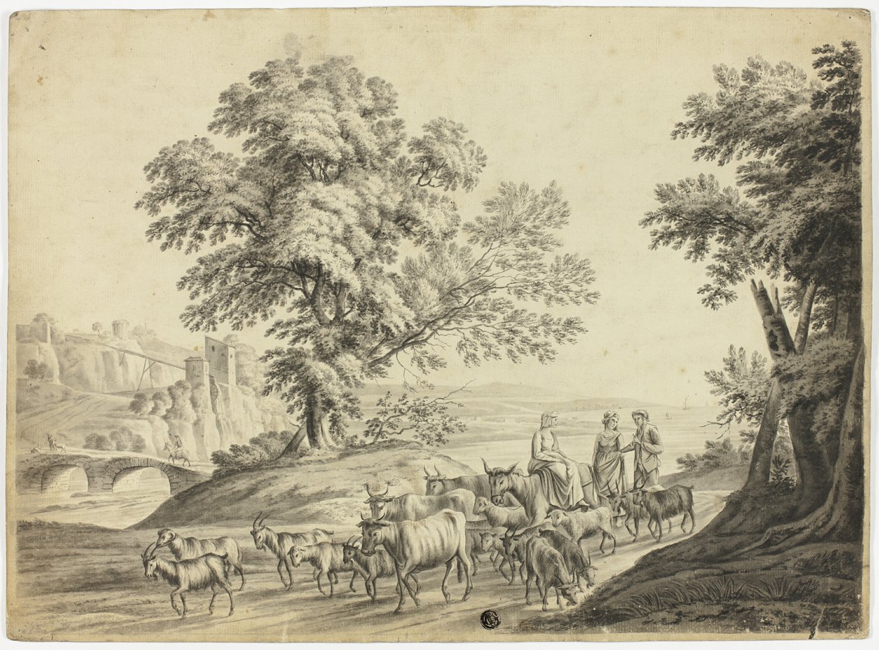 Italianate Landscape with Man and Two Women Herding Cattle, Goats and Sheep by Unknown artist