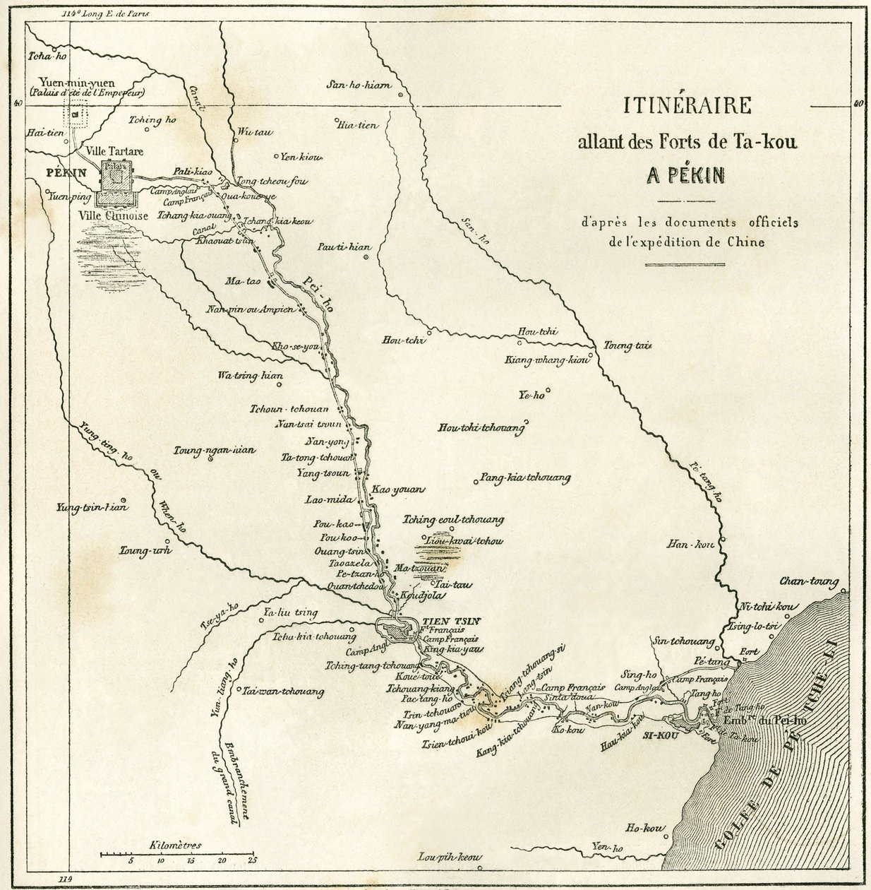 Itinerary along the Hai He River near Tien Tsin (Tien-Tsin, Tianjin) to Pekin (Beijing), China. Carte, in Le Tour du Monde, Nouveau journal des Voyages, edited by Edouard Charton, Paris by Unknown artist