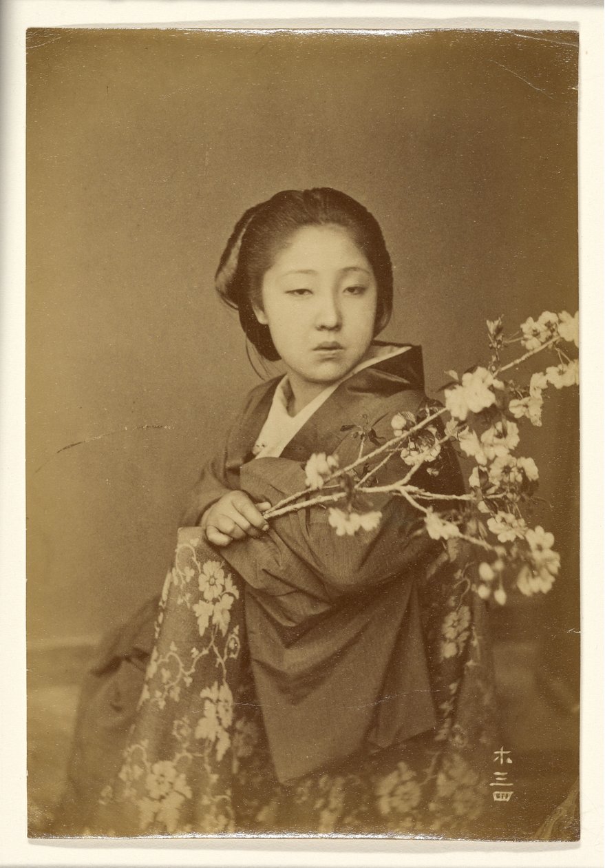[Japanese Woman Holding Blossoming Prunus Branch] by Unknown artist