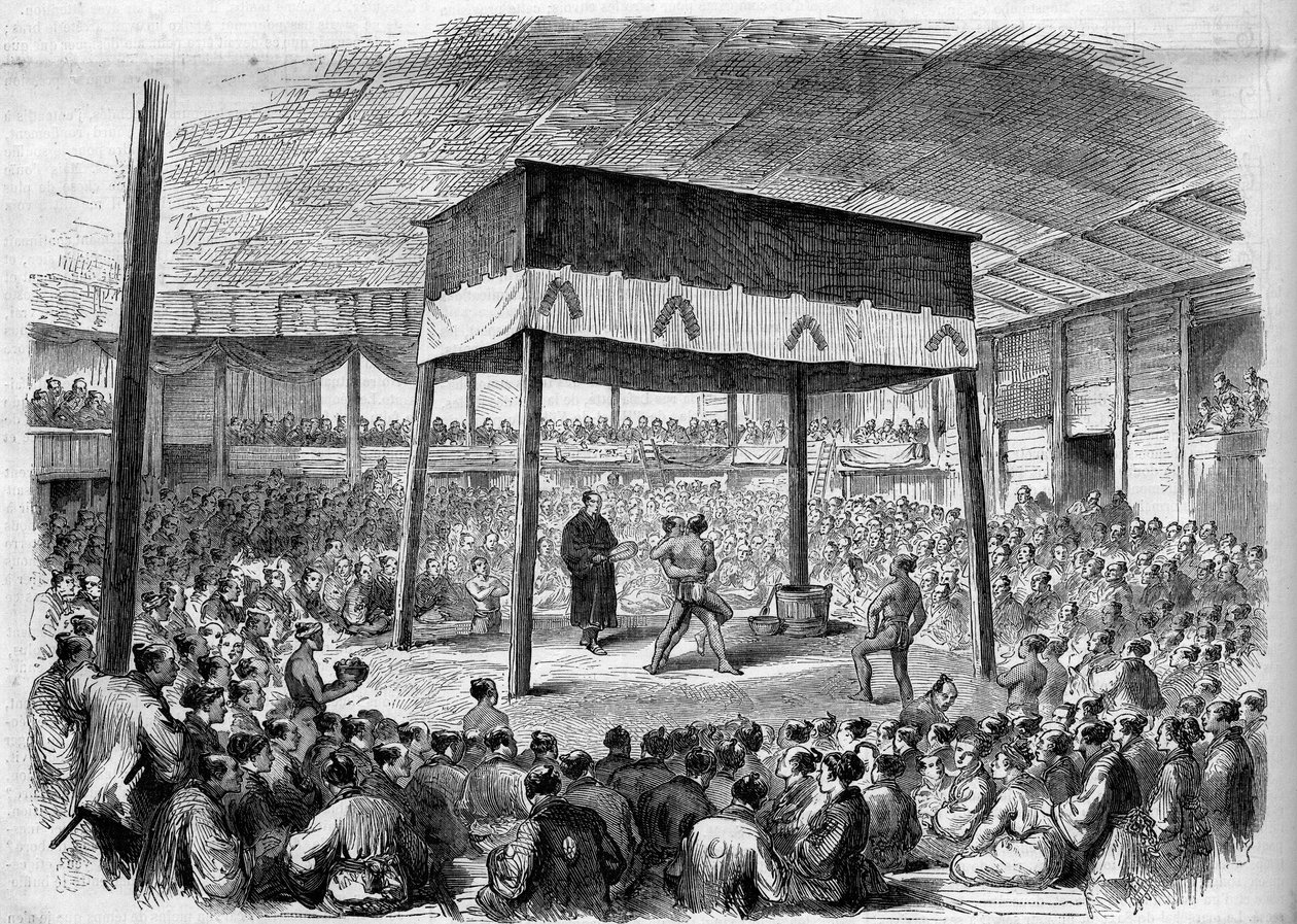 Japanese wrestler fight Sumo in Osaka, Japan. From a drawing by C. Wirgman. Engraving in “The Illustrious Universe” by Unknown artist