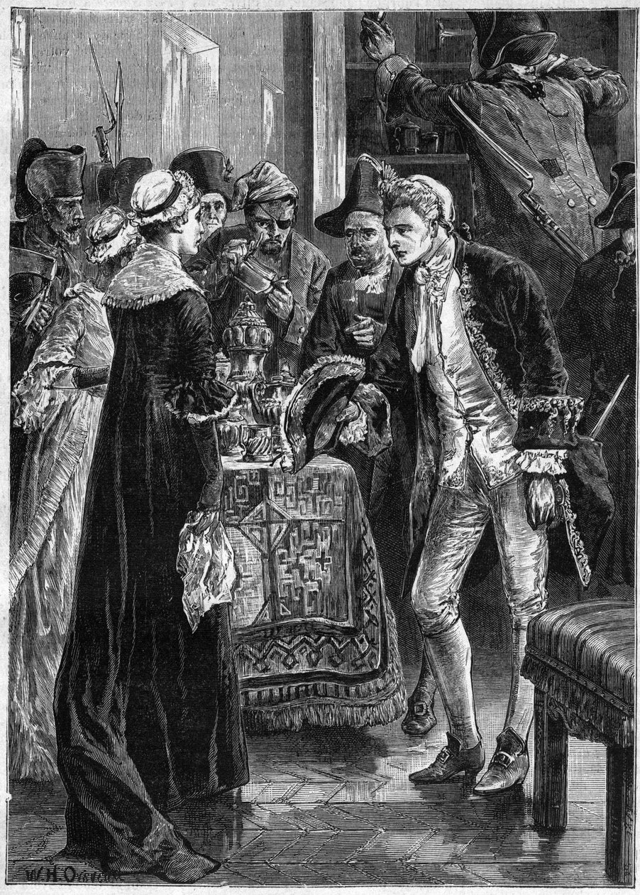 John Paul Jones visits Lady Selkirk after his men have taken her valuables - American Navy: John Paul Jones (1747-1792) hero of the American War of Independence and the crew of the Ranger raided the castle of the Count of Selkirk in the United States by Unknown artist