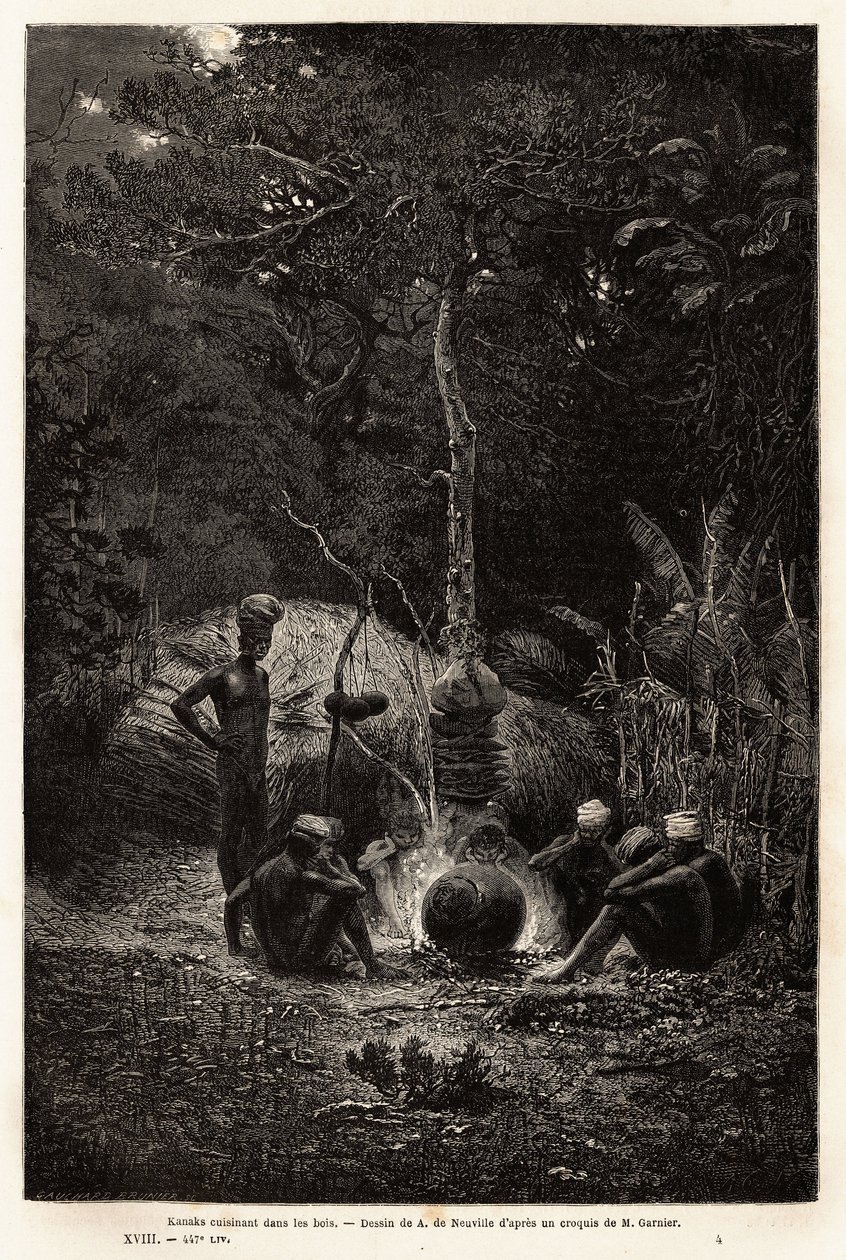 Kanaks cooking in the woods, in the territory of Pamale. Engraving to illustrate the voyage to New Caledonia, by Jules Garnier, civil engineer of mines, in 1863-1866, published in 